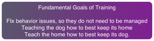 Fundamental Goals of Training

FIx behavior issues, so they do not need to be managed
Teaching the dog how to best keep its home
Teach the home how to best keep its dog.
